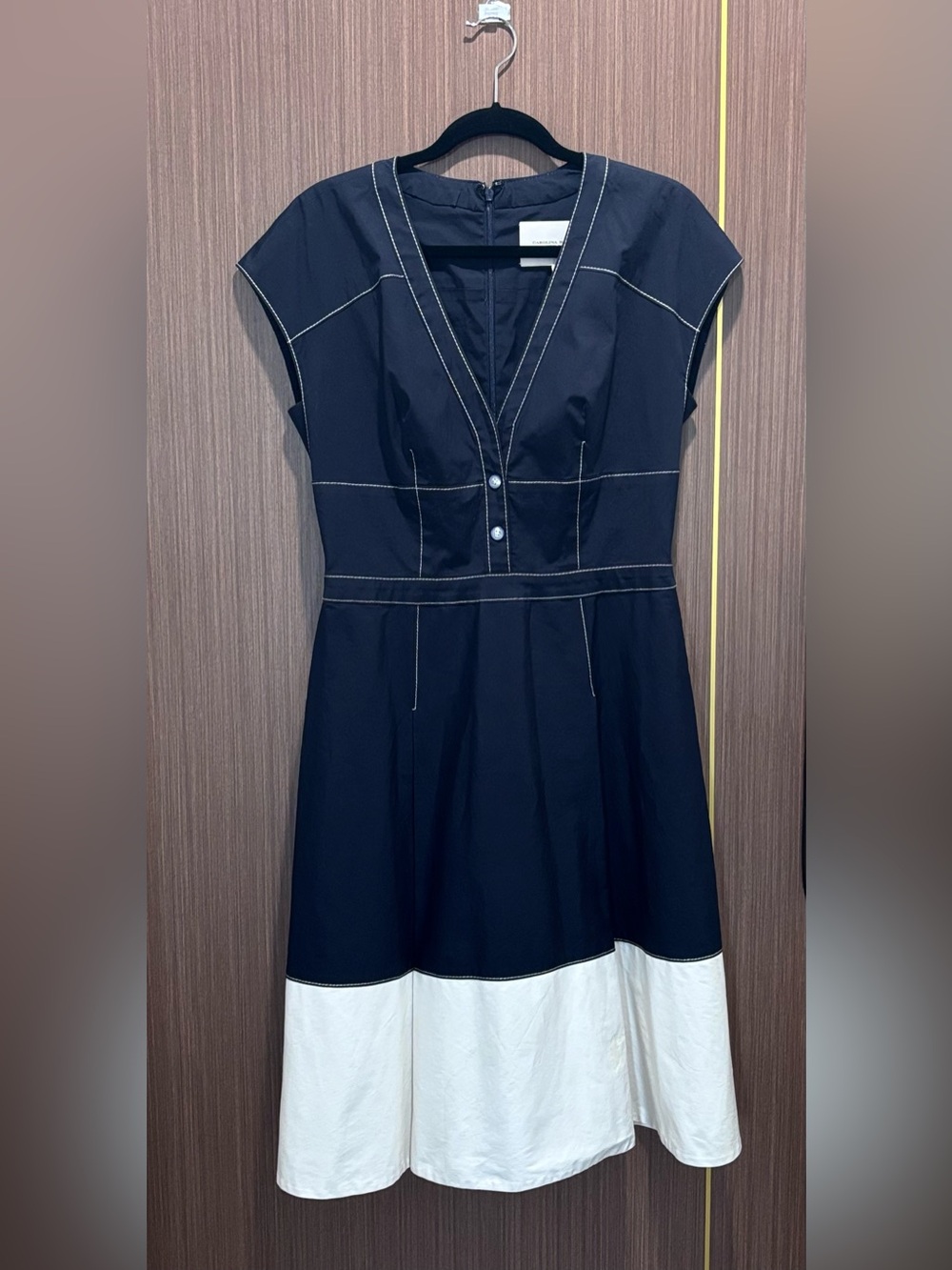 Carolina Herrera Blue White Colorblock Contrast Stitch Midi Dress 10